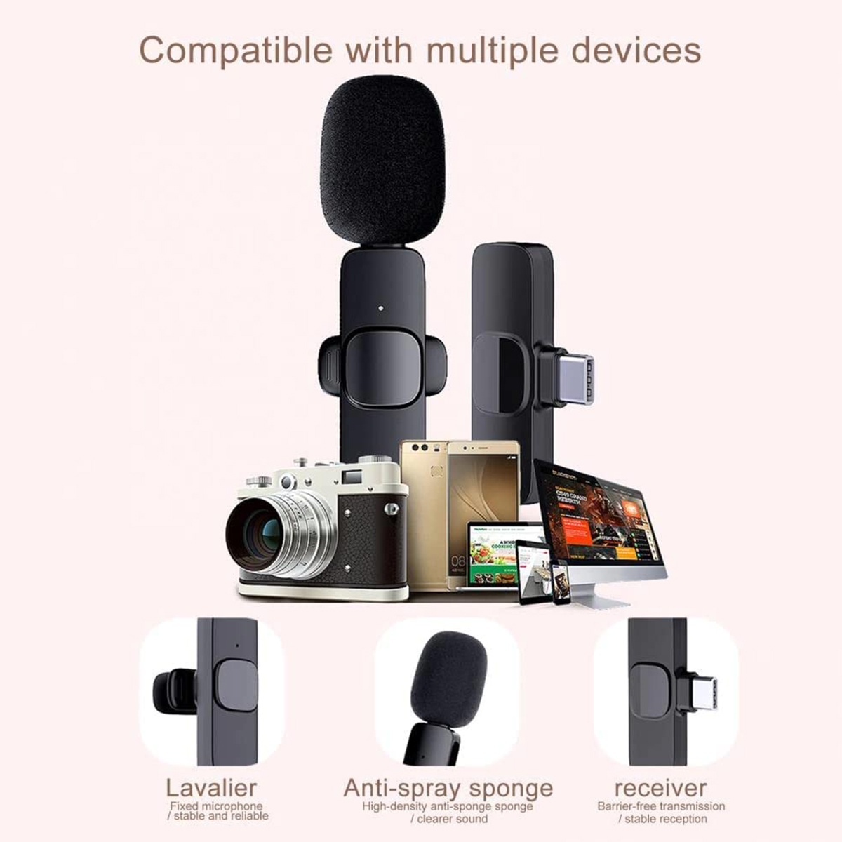 K8 Single Wireless Microphone with Type-C & Type-C to iPhone Receivers | Lavalier Collar Clip