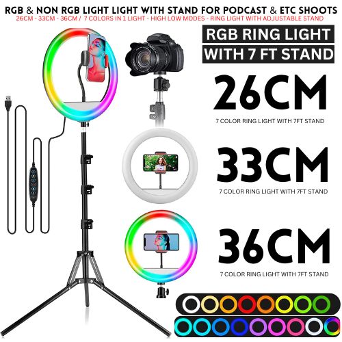 26CM & 36CM 7 Color RGB Ring Light with 7FT Tripod Stand
