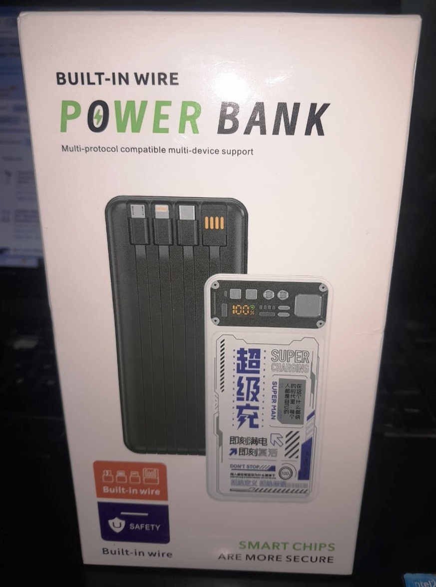 Built-in Wire Power Bank with 4 Cables (Type-C, Lightning, Micro USB, USB-A)