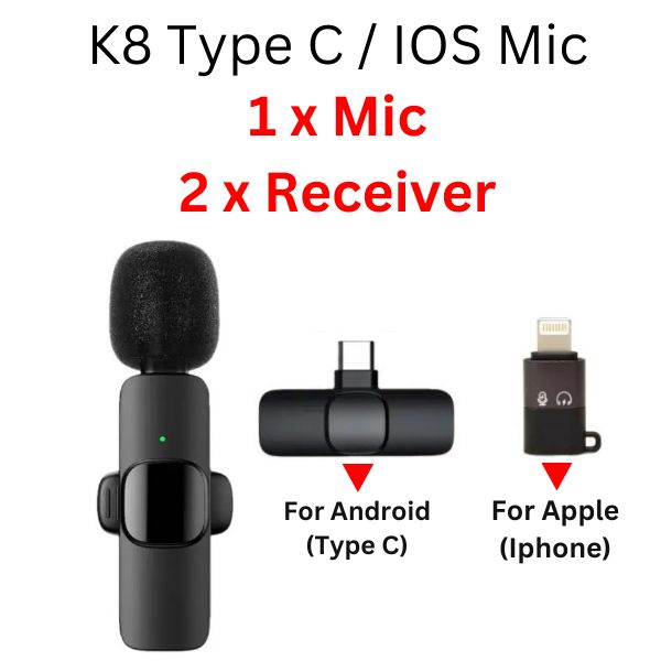 K8 Single Wireless Microphone with Type-C & Type-C to iPhone Receivers | Lavalier Collar Clip