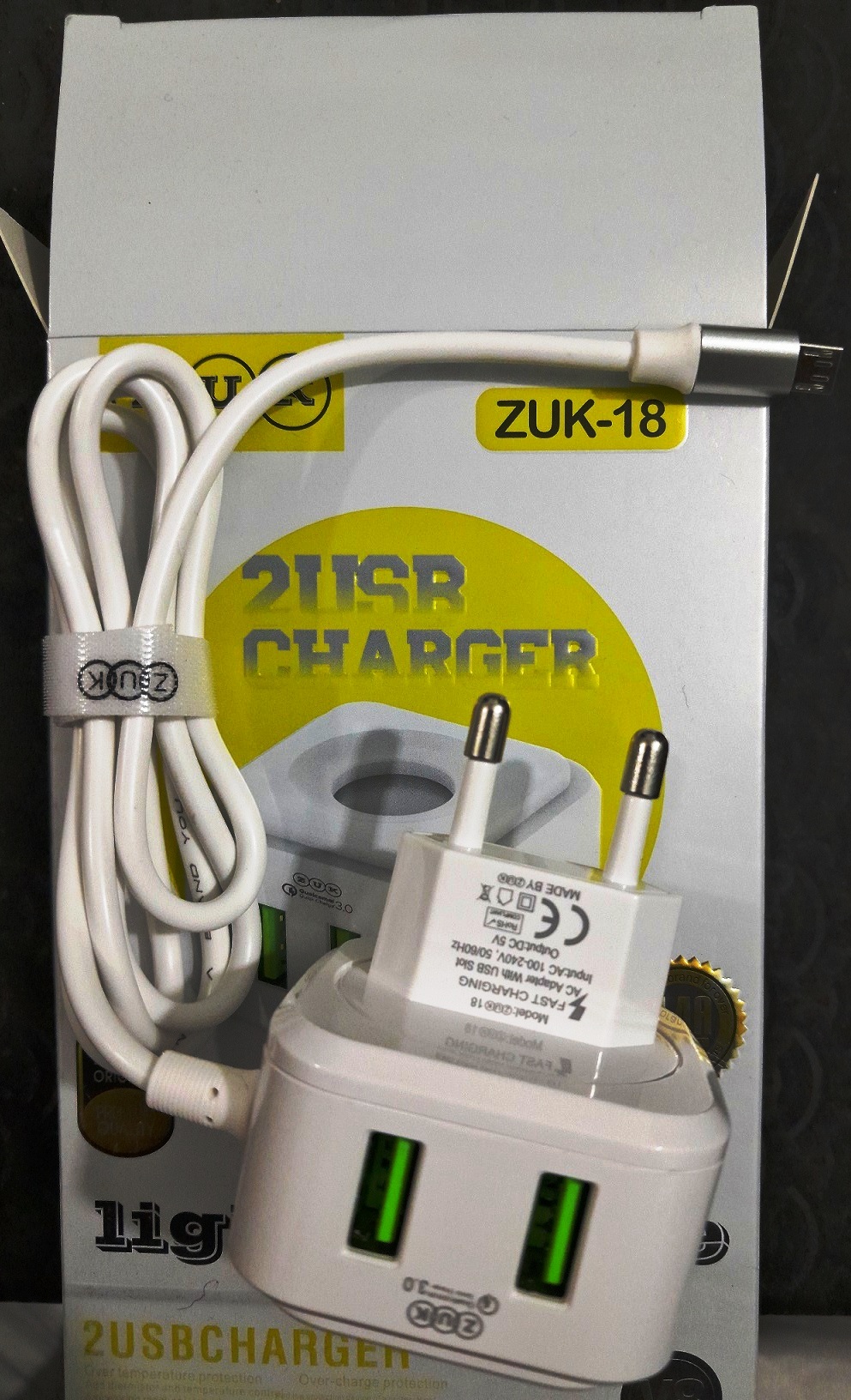 Universal Mobile Charger with Fixed 1M Micro USB Cable + Dual USB Ports