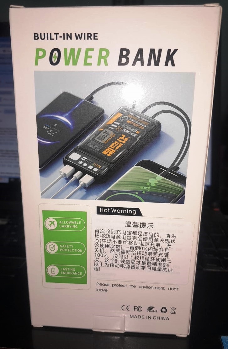 Built-in Wire Power Bank with 4 Cables (Type-C, Lightning, Micro USB, USB-A)