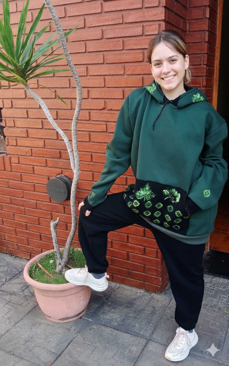 Buzo de autor verde con detalles estampados