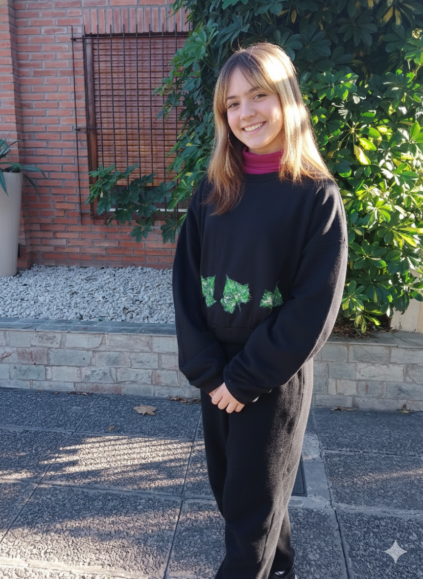 Buzo de autor negro con diseño de hojas