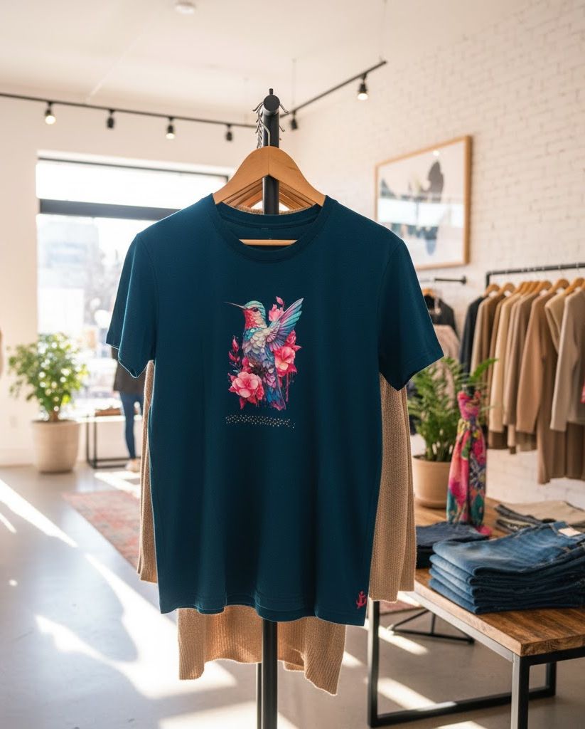 Remera azul con diseño de colibrí