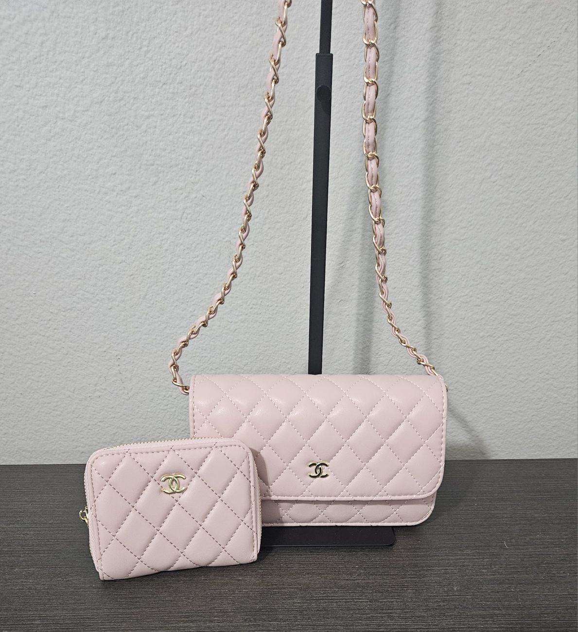 CC Pink Quilted Wallet on Chain Set