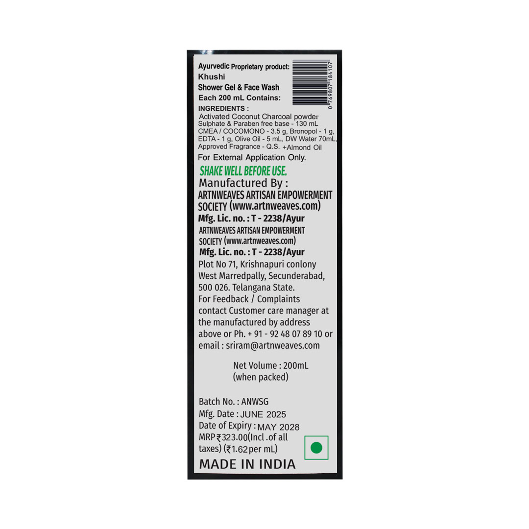 KHUSHI Activated Coconut Charcoal Shower Gel & Face Wash (Sulphates & Parabens-free Base)