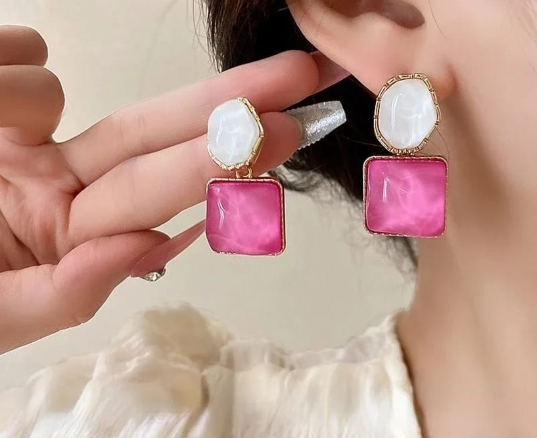 Geometric Pink and White Drop Earrings
