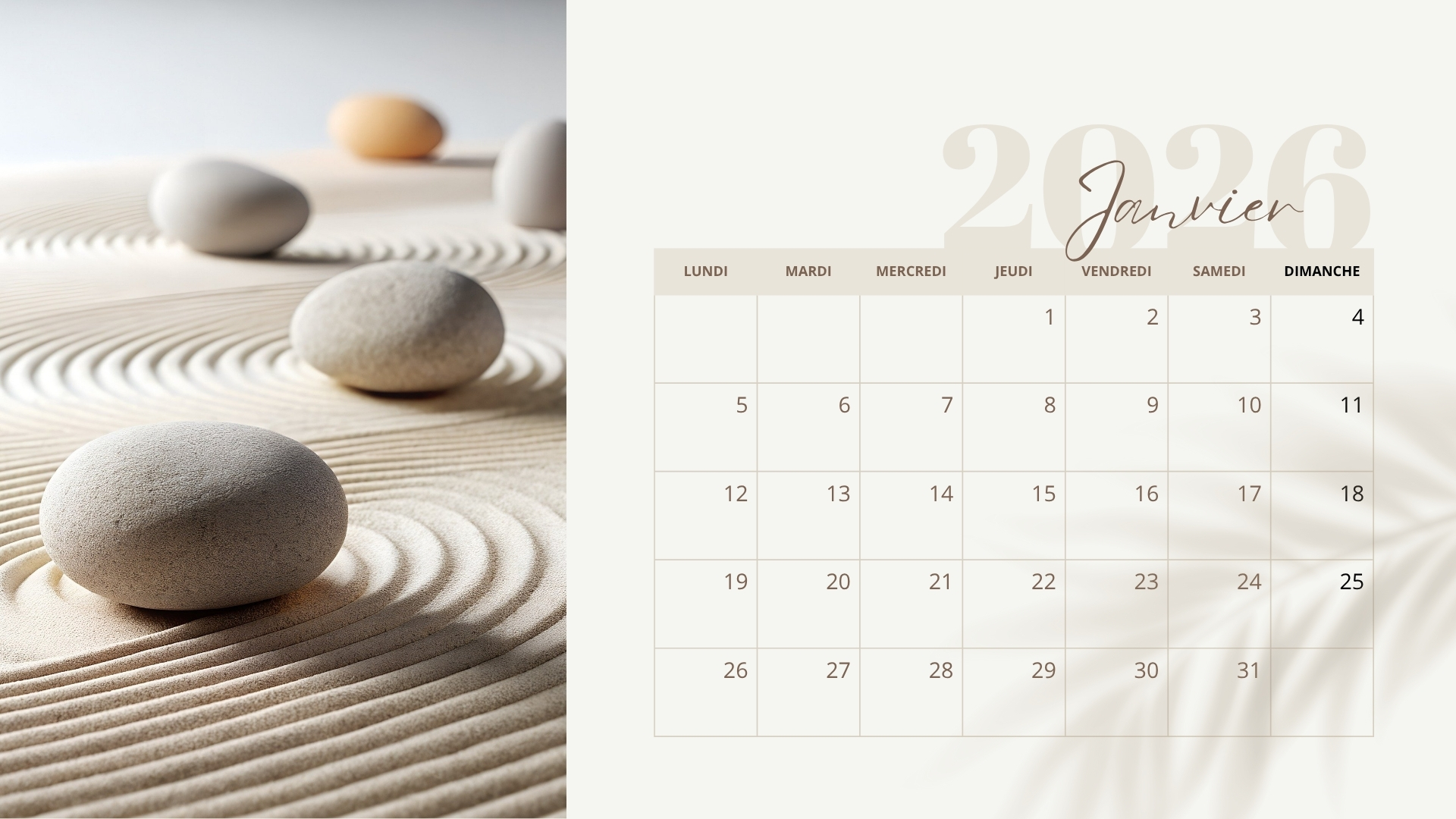 Calendrier 2026 zen à imprimer 