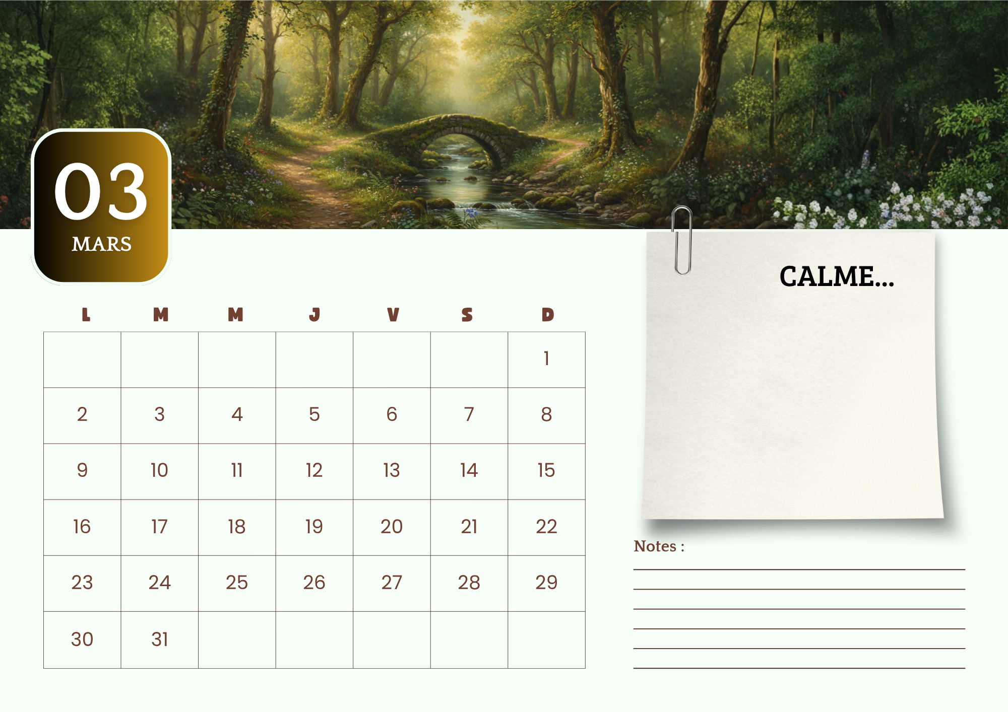 Calendrier 2026 Cottagecore à imprimer –ambiance champêtre
