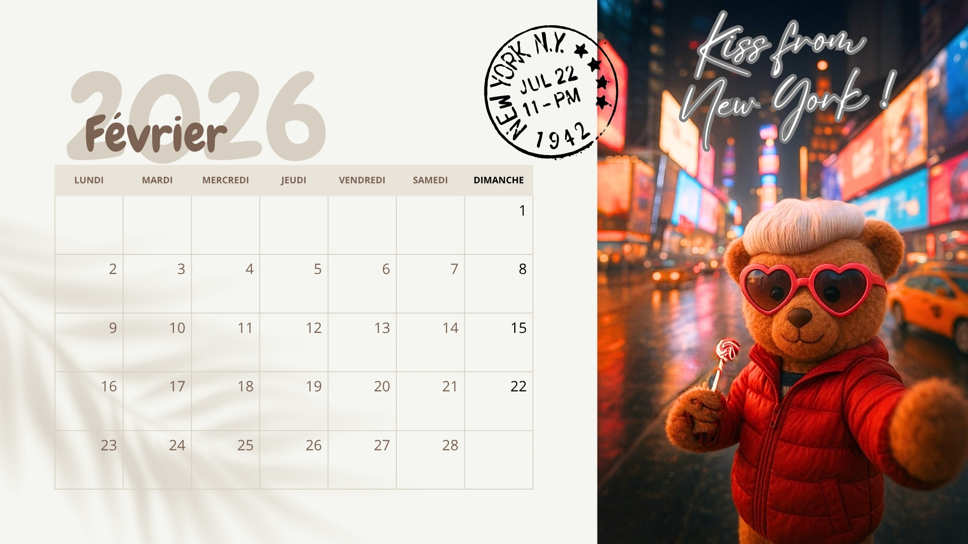 Calendrier 2026 illustré ours en peluche à imprimer 