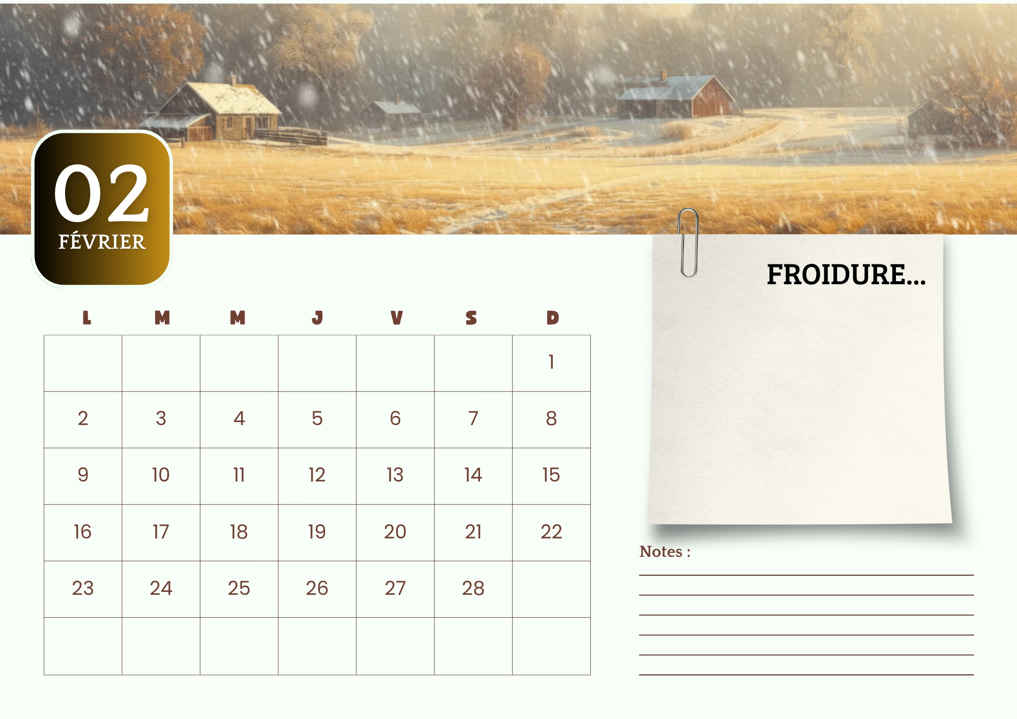 Calendrier 2026 Cottagecore à imprimer –ambiance champêtre