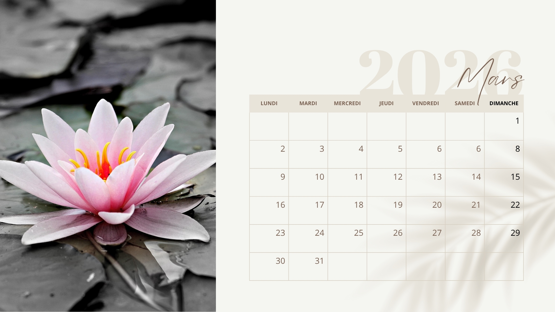 Calendrier 2026 zen à imprimer 