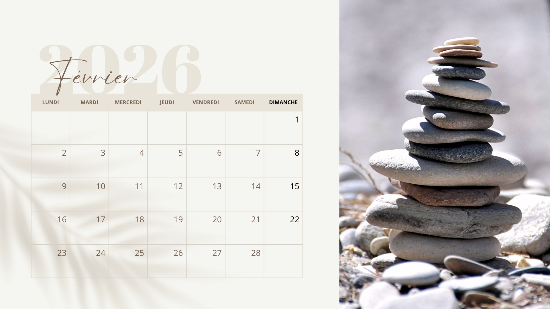 Calendrier 2026 zen à imprimer 