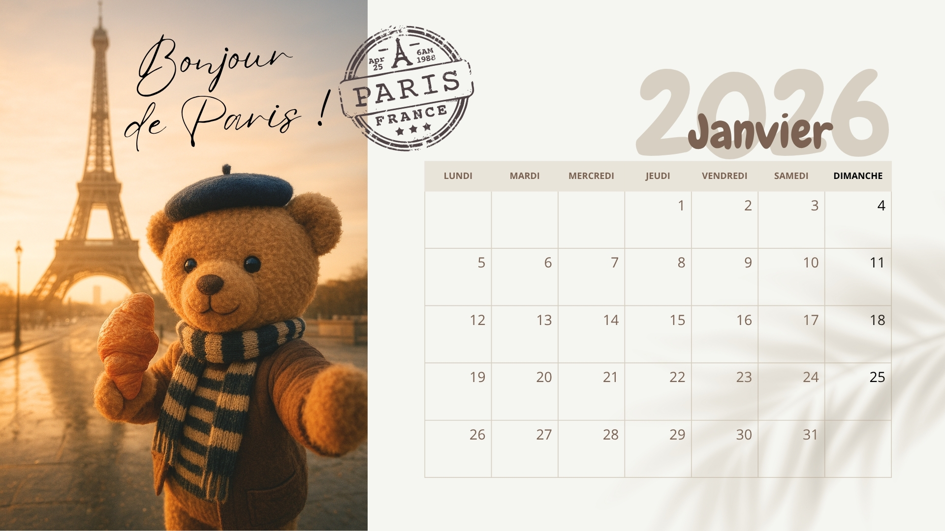 Calendrier 2026 illustré ours en peluche à imprimer 