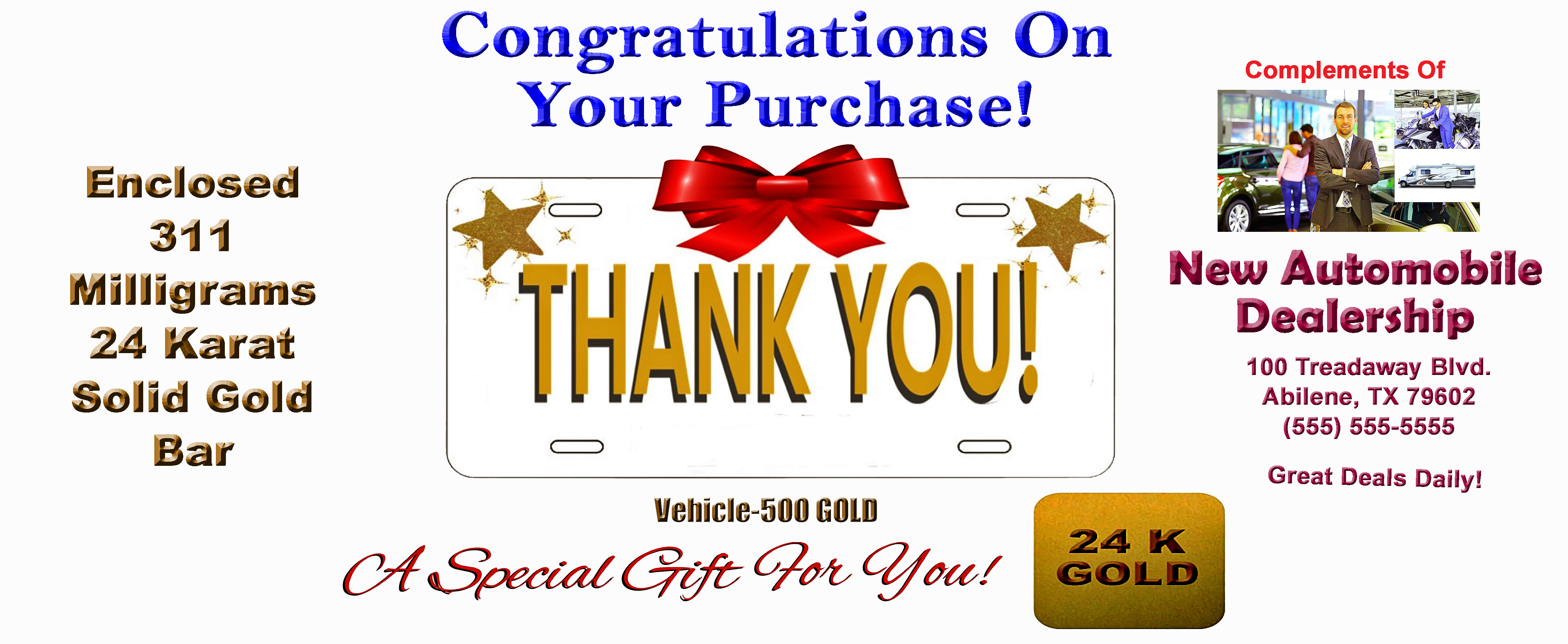 24 Karat Solid Gold Bar pure gold customized with dealer information Free Shipping