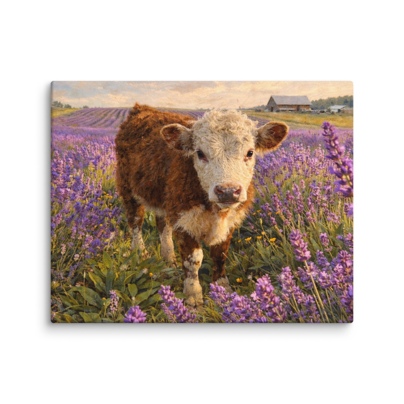 Cow in Lavender Field Canvas Art