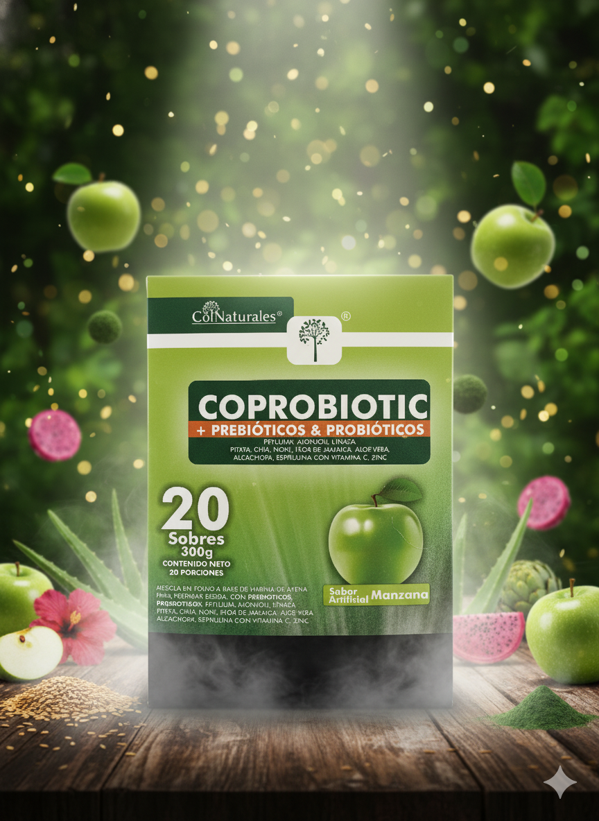 Coprobiotic con prebióticos y probióticos sabor manzana