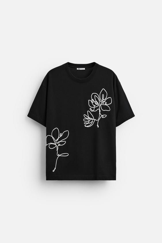 Black T-shirt with Floral Line Art
