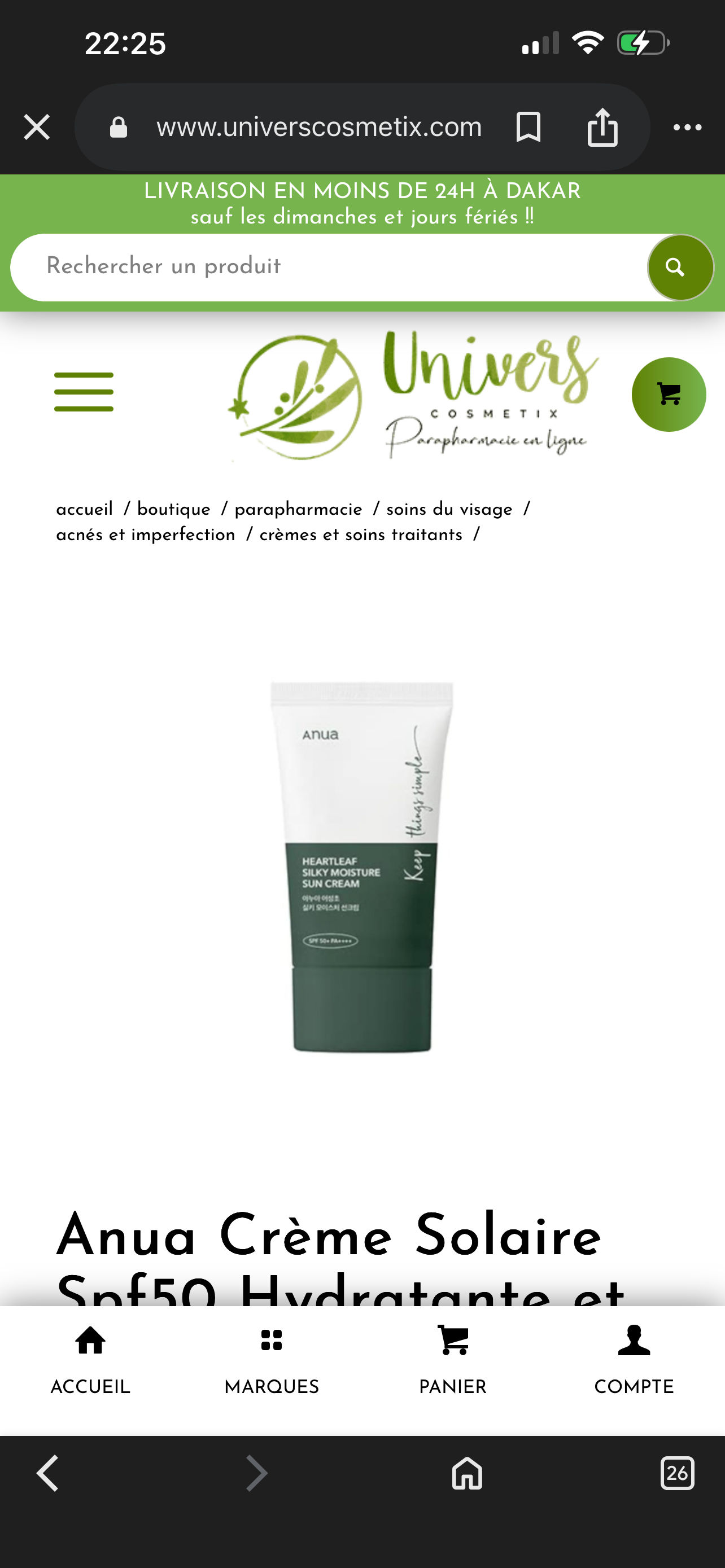 Anua Crème Solaire Spf50 Hydratante et Soyeuse Heartleaf 50 ml