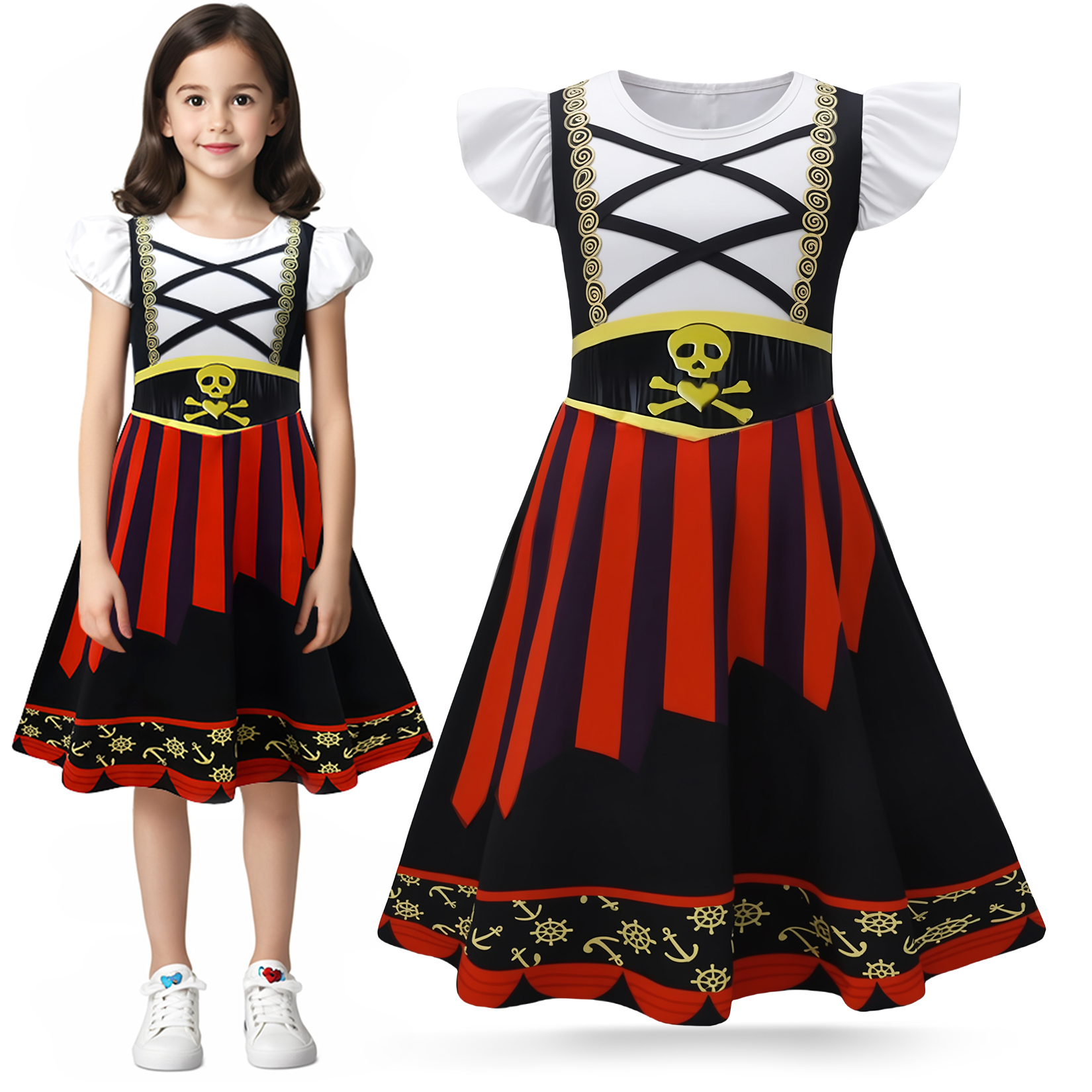 Girls Pirate Dress Toddler Buccaneer Costume Kids Dance Skirt Birthday Party Halloween Role Play Outfits-black