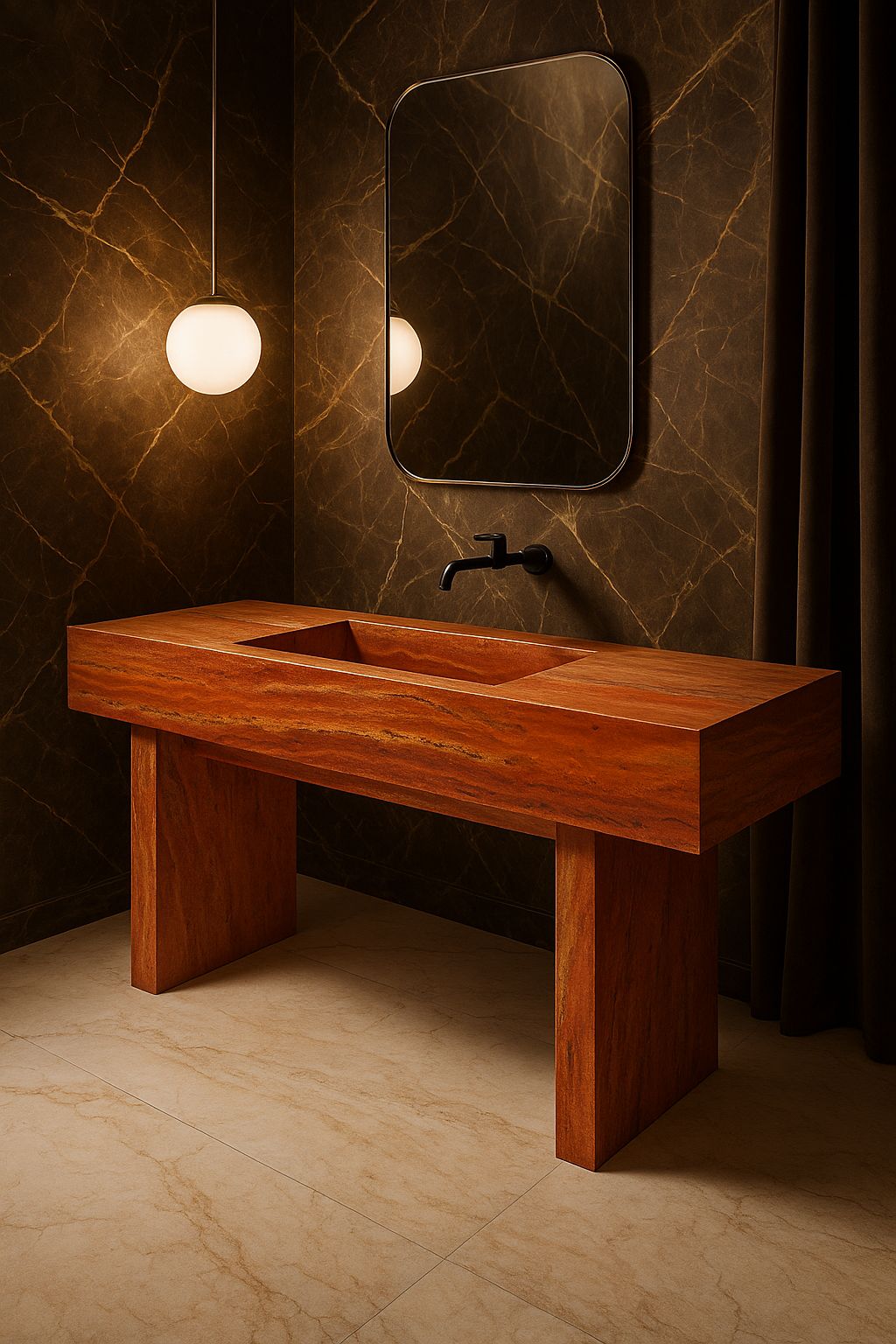 Red Travertine Standing Wash Basin with Vanity