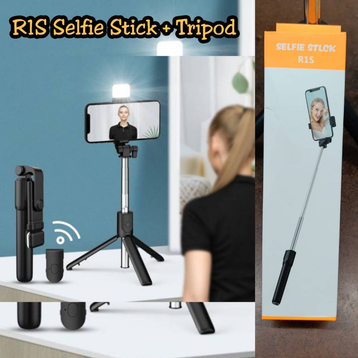 R1S Selfie Stick + Tripod +LED
