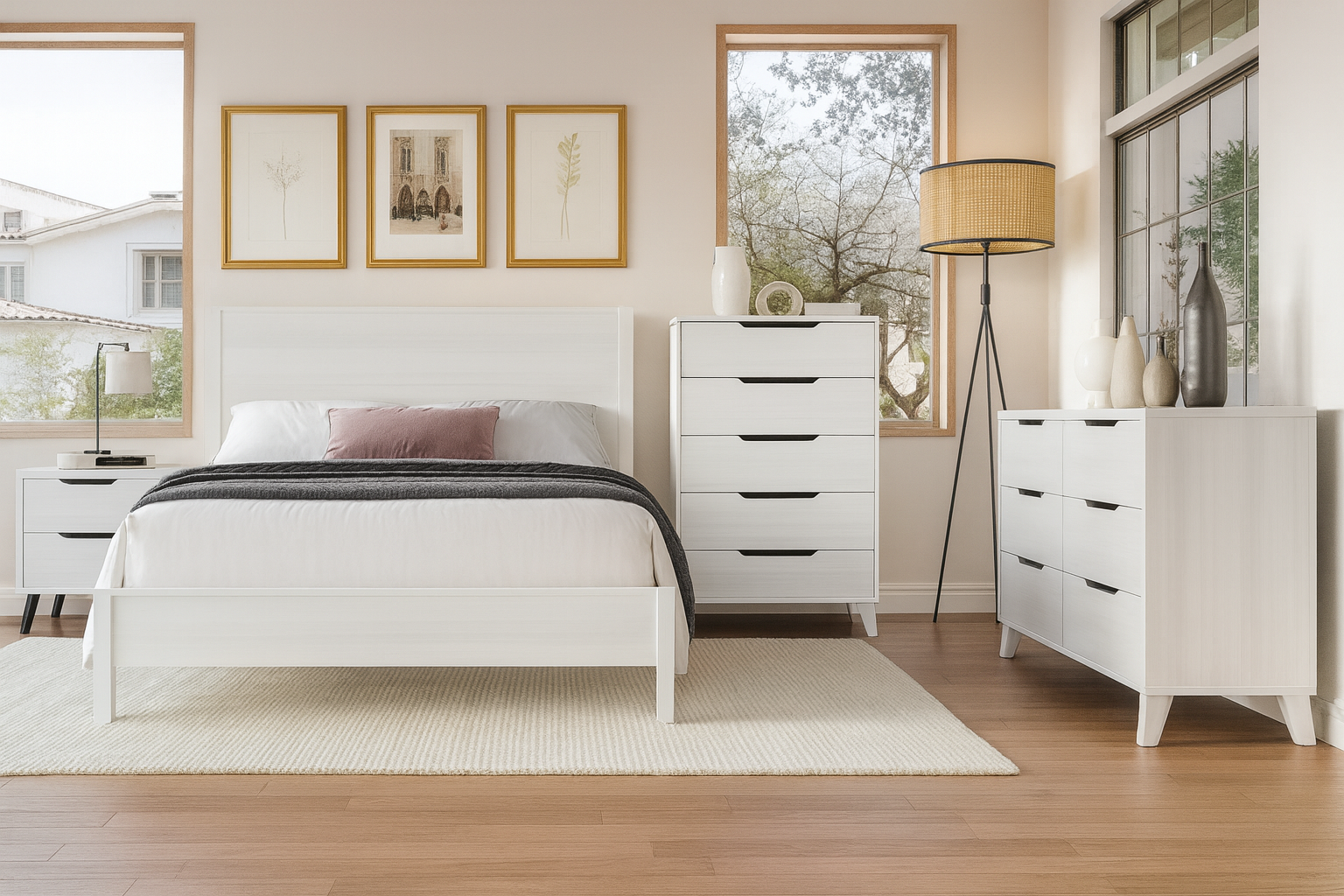 Queen Bed, Night Stand, Dresser & Chest