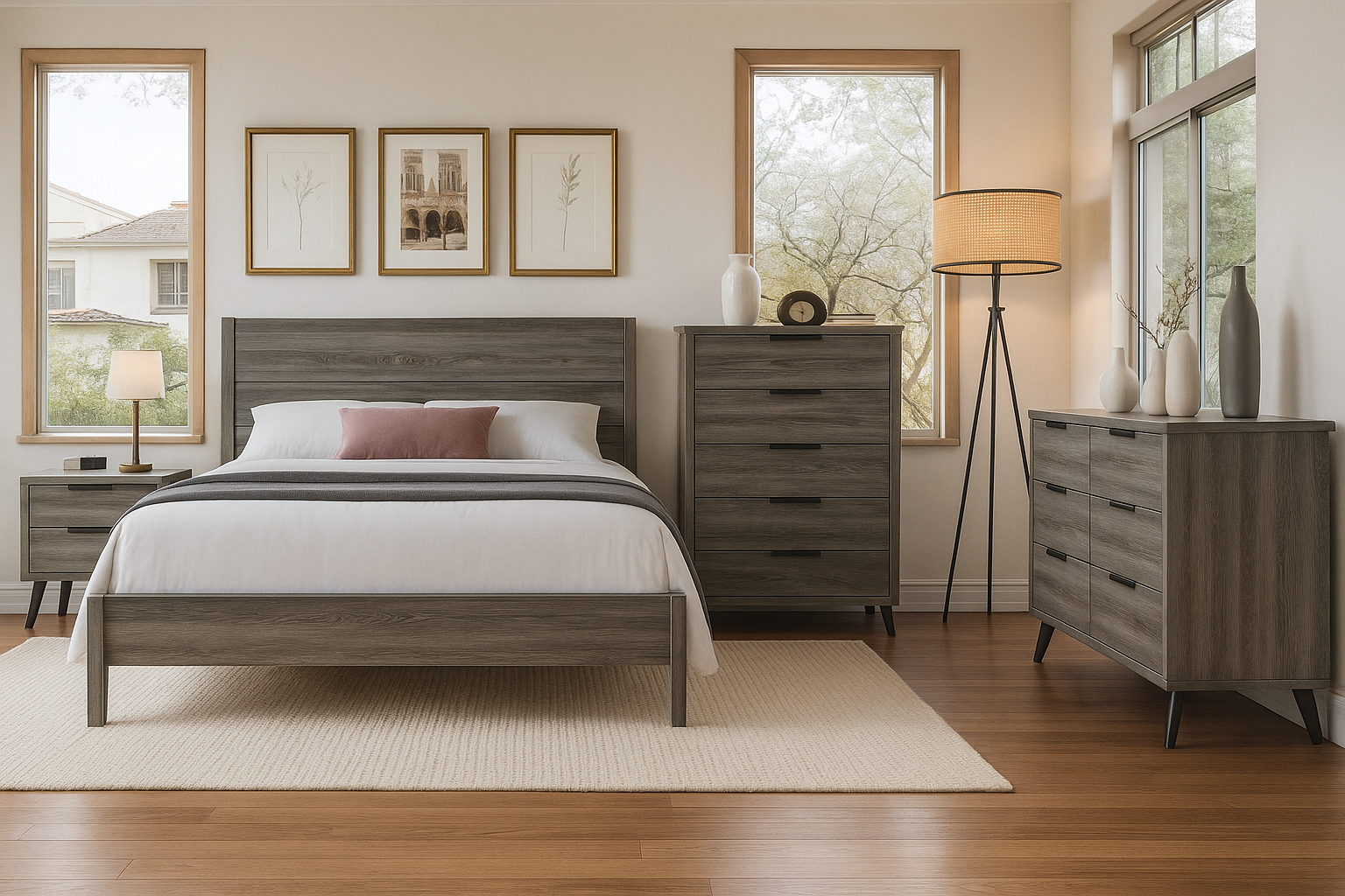 Queen Bed, Night Stand, Dresser & Chest