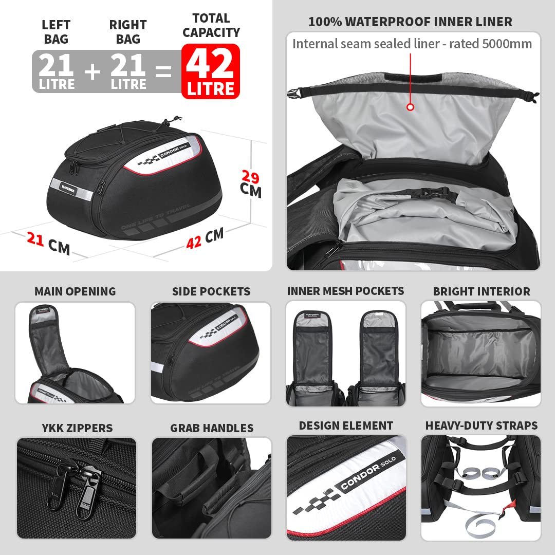 ViaTerra Fabric Condor Solo Waterproof Motorcycle Saddle Bag - Ultimate Bike Riding Accessories & Luggage Solution With Durable Bike Side Bags