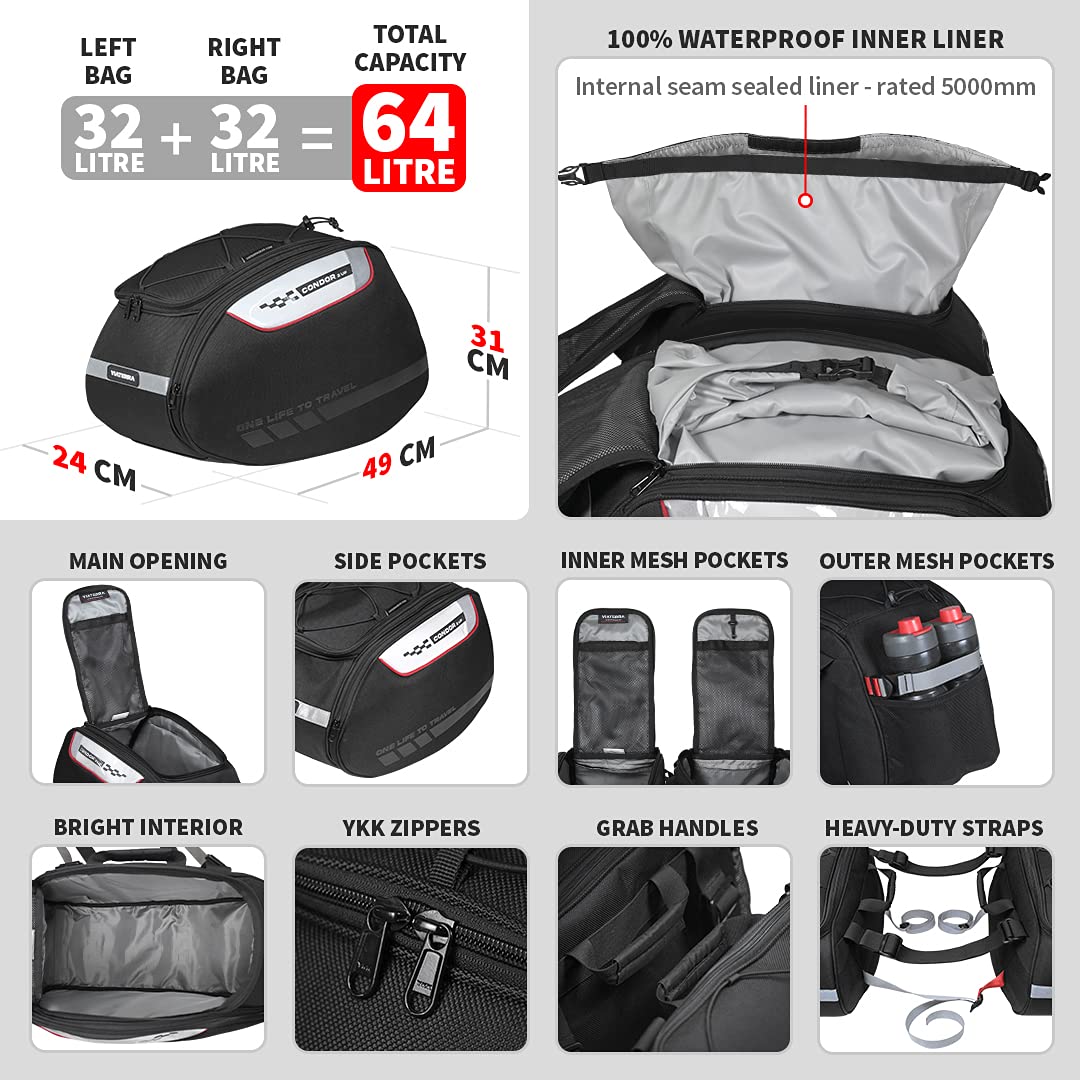 ViaTerra Condor 2UP Waterproof Saddlebag (64 LTR) |Compatible with All Bikes with Saddle Stay for Motorcycle