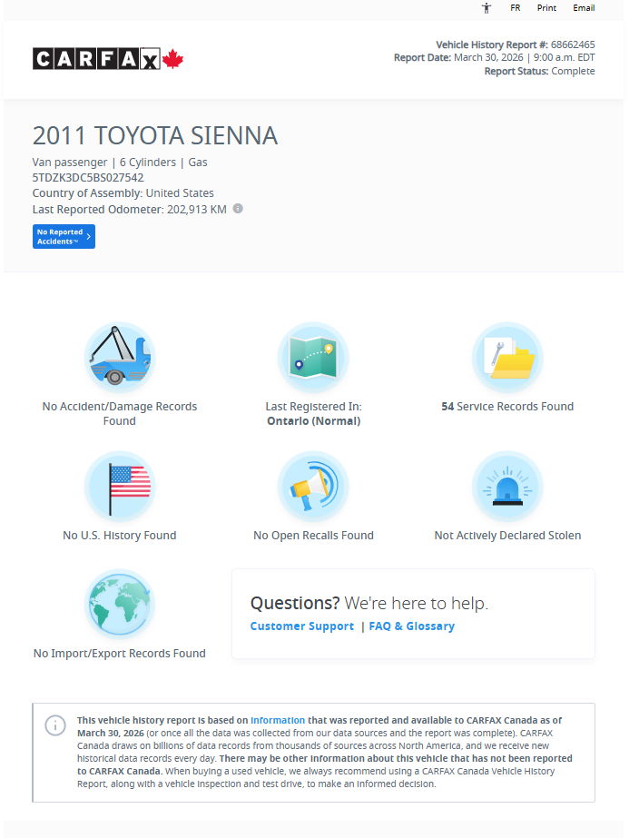 2011 Sienna FWD V6 7 Passenger