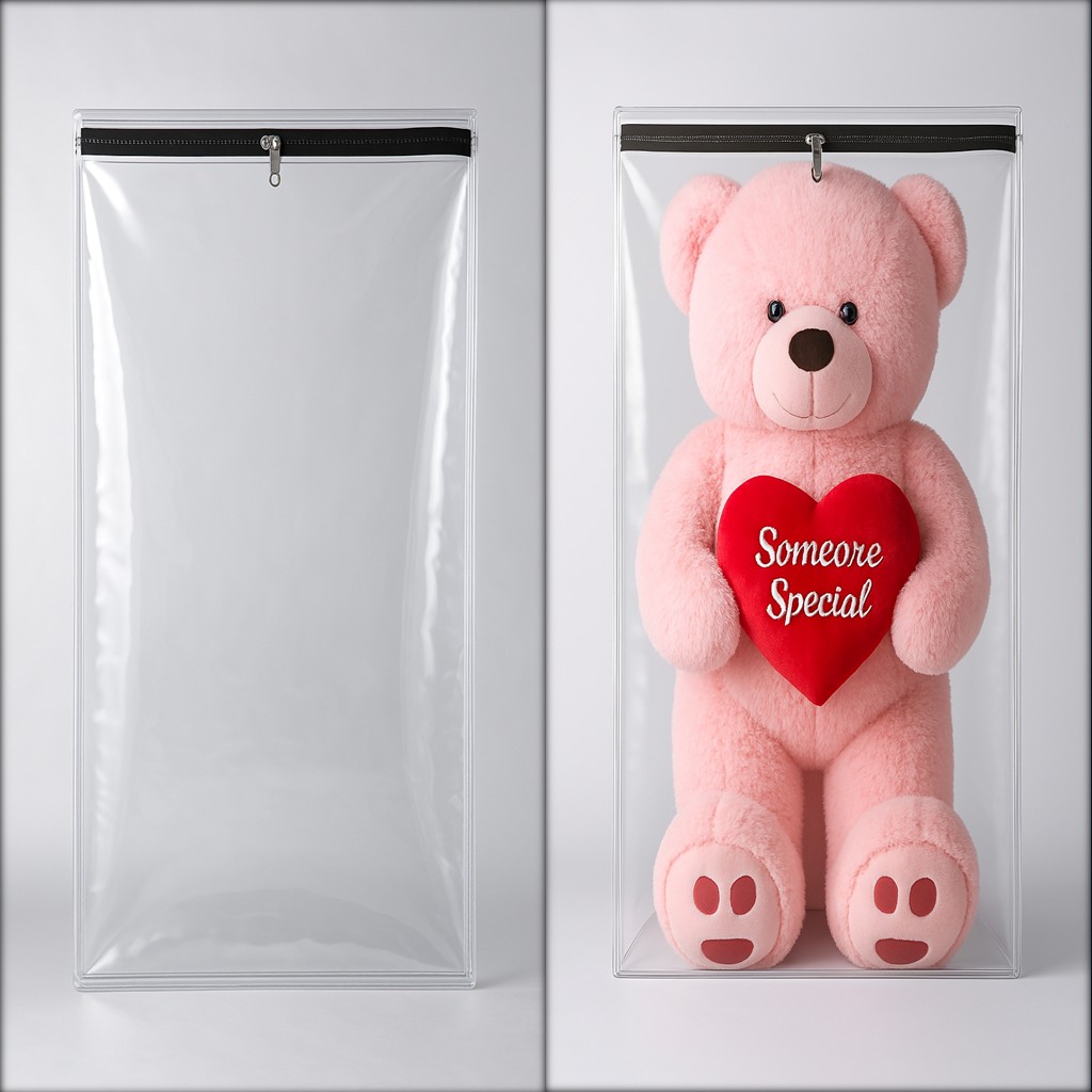 YOONICK Cover For 5 Feet Teddy Bear PVC Plastic Transparent | Dustproof | Waterproof | Black Zipper | Stainless Steel Runner (Best Fit For Teddy Bear Size : Height-5 Feet x Width-2.5 Feet)