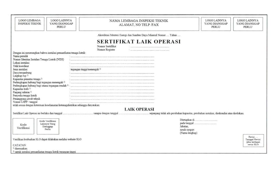 Sertifikat Laik Operasi Instalasi Pemanfaatan Tenaga Listrik
