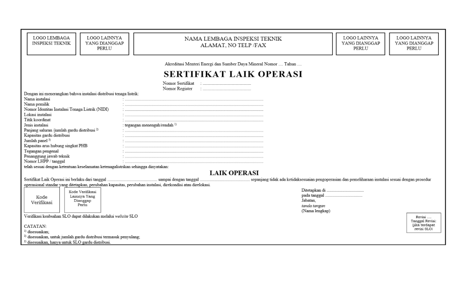 Sertifikat Laik Operasi Instalasi Distribusi Tenaga Listrik