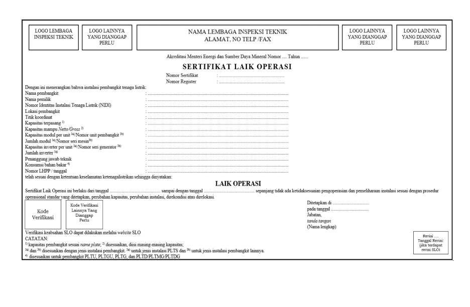 Sertifikat Laik Operasi Instalasi Pembangkitan