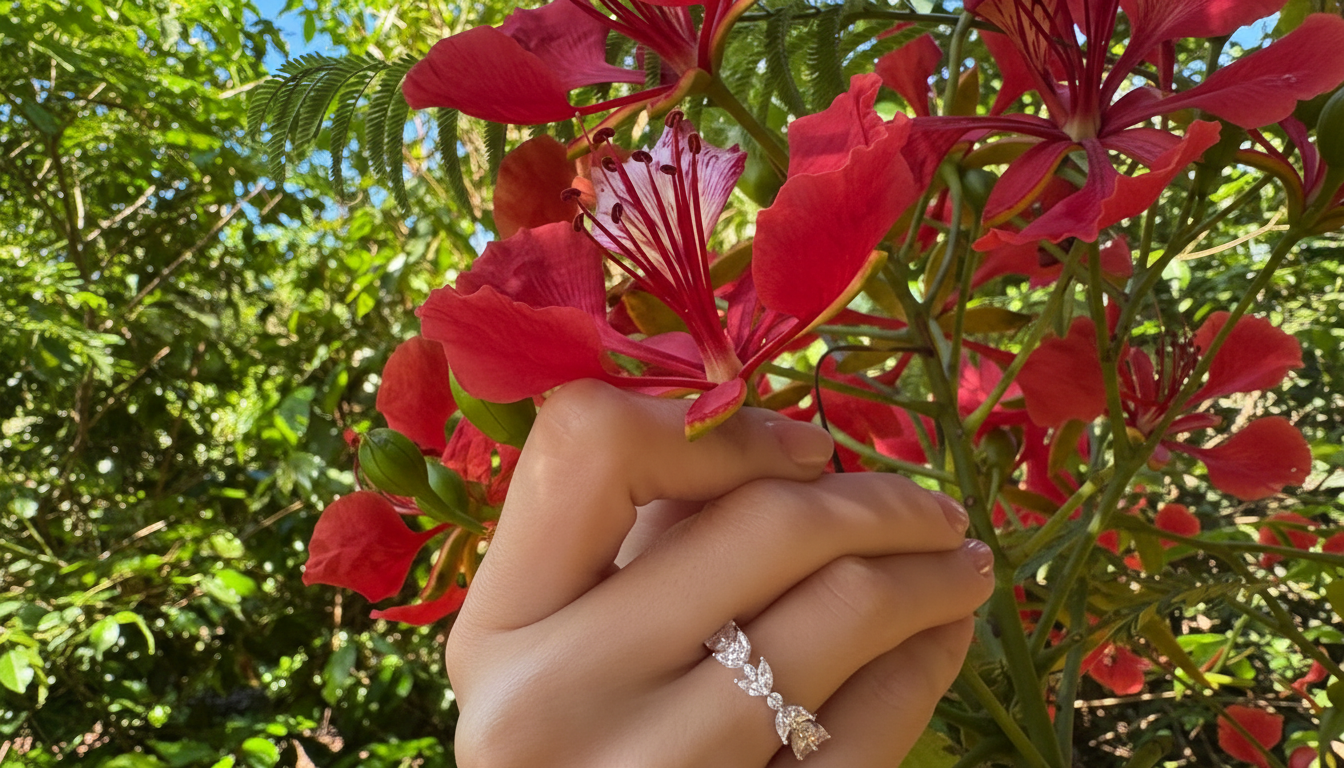 Anel folhas cravejadas