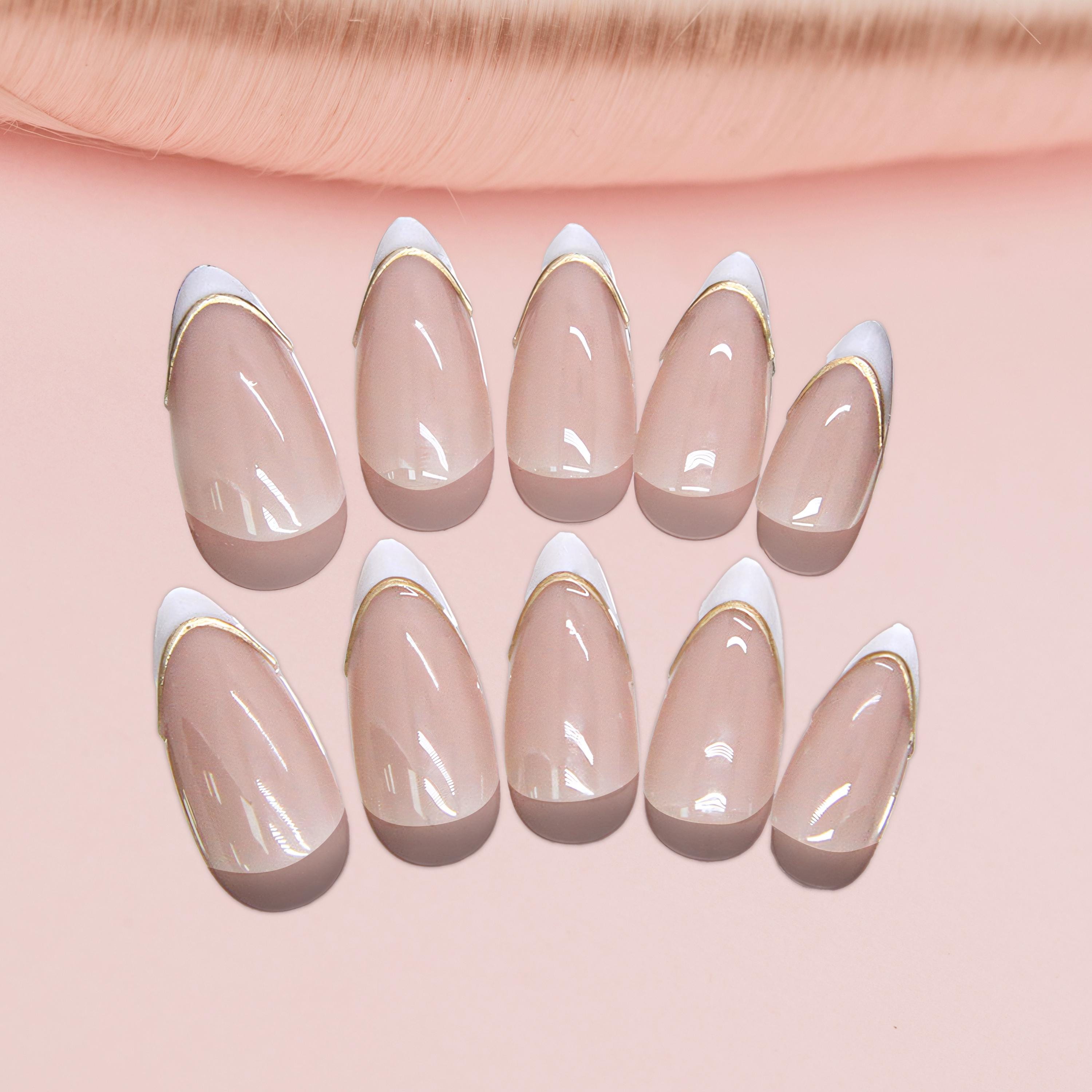 Gold Almond French Press-On Nails: Sculpted Soft Gel Nail Art Set