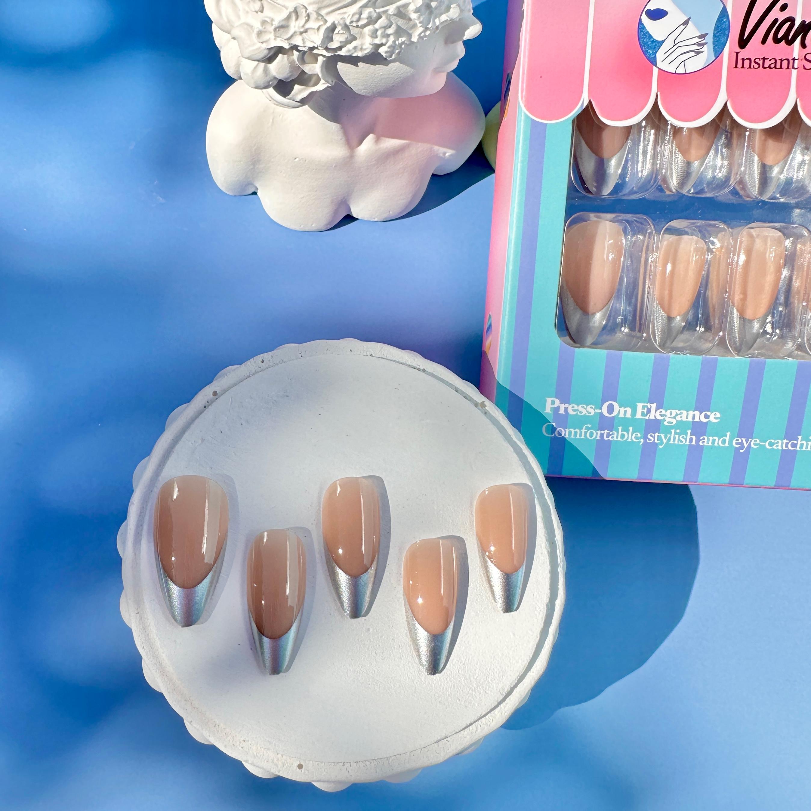 Red Heart Press-On Nails: Silver Chrome French Tips, Medium Almond Soft Gel