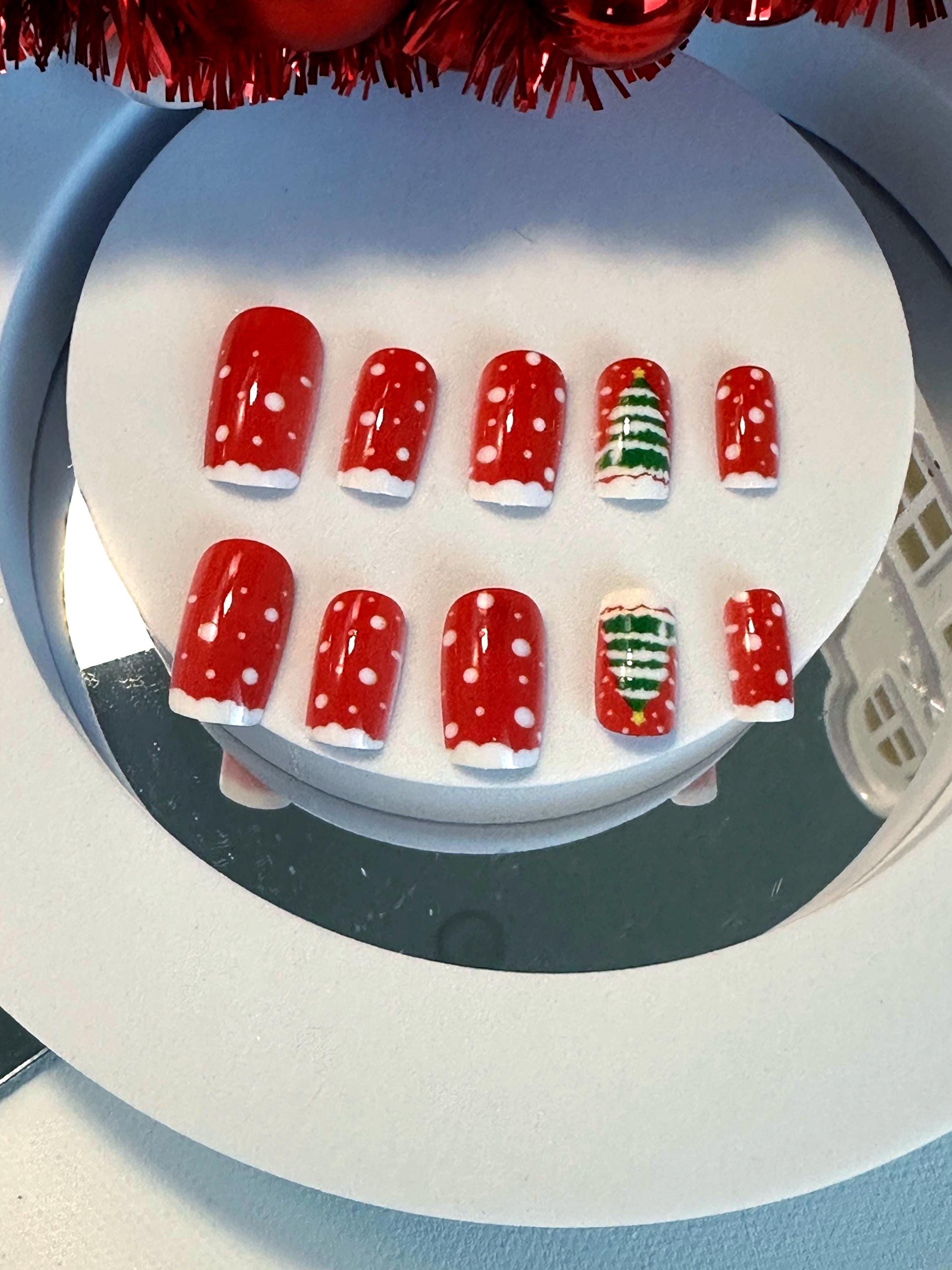Snowfall and Christmas Tree Press-On Nails – Festive Holiday Characters and Patterns on Red Background