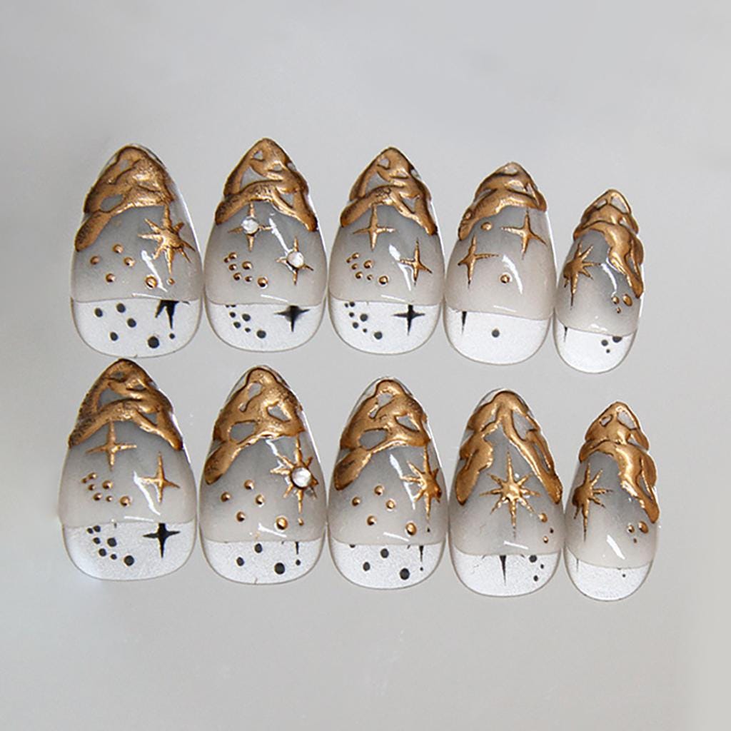 Gold Filigree Press-On Nails: 3D Sculpted Baroque Rhinestone Accents