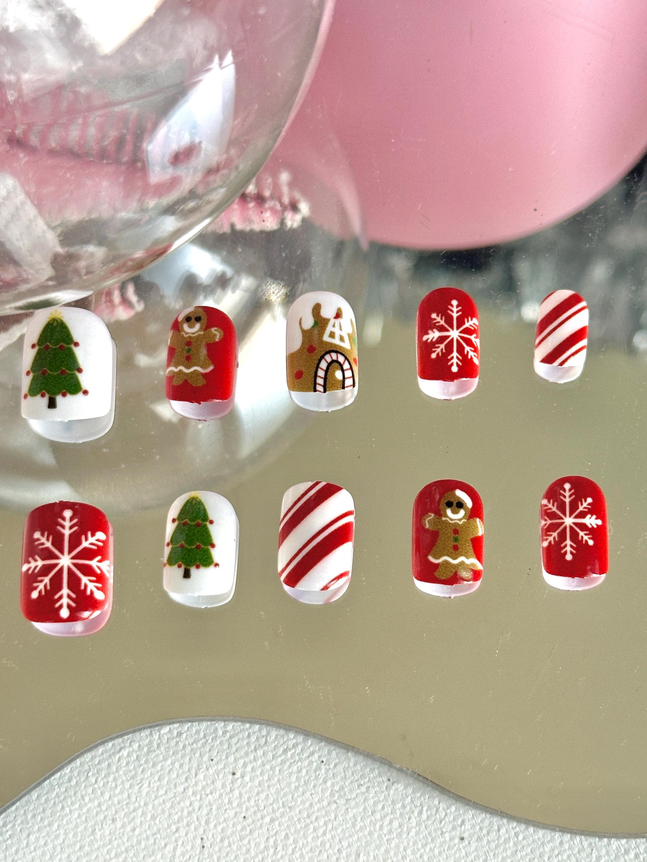 Candy Cane Stripes Festive Season Press-On Nails - Christmas Tree, Presents and Glitter Designs