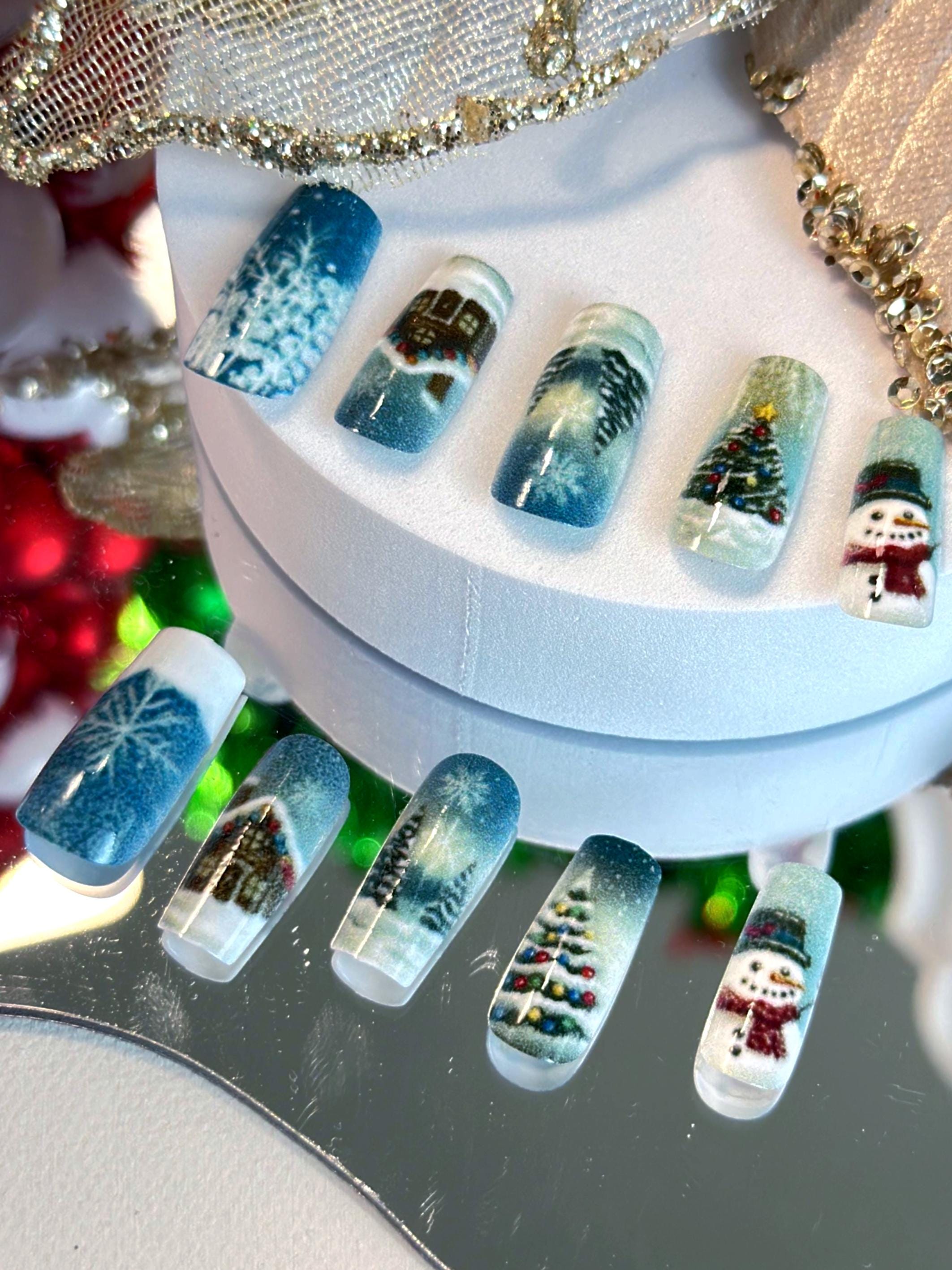 Scenes of Christmas Press-On Nails - Snowman, Christmas Tree, and Snowflake
