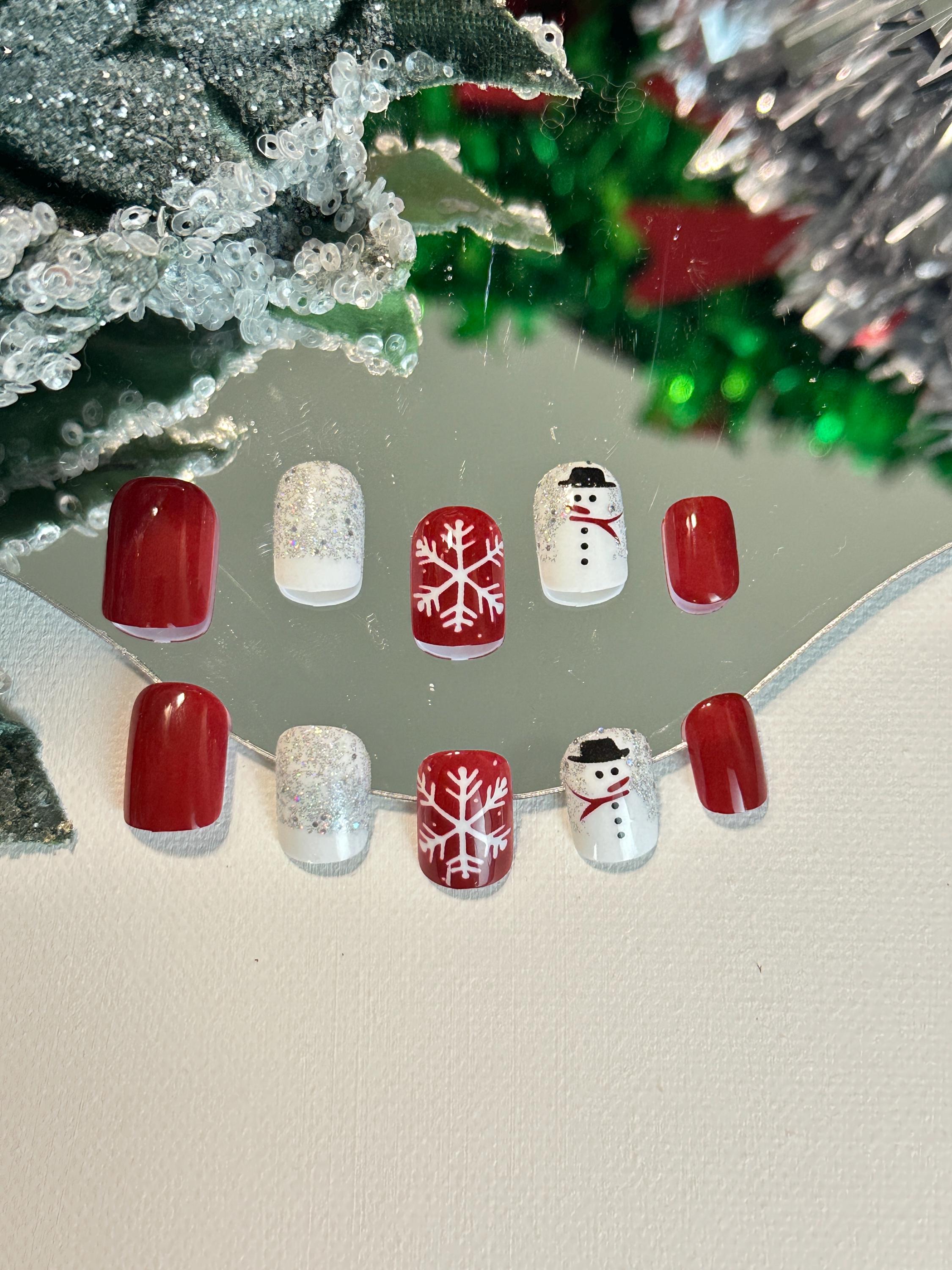 White Christmas Festive Press-On Nails - Frosty the Snowman, Red Snowflake, Glitter