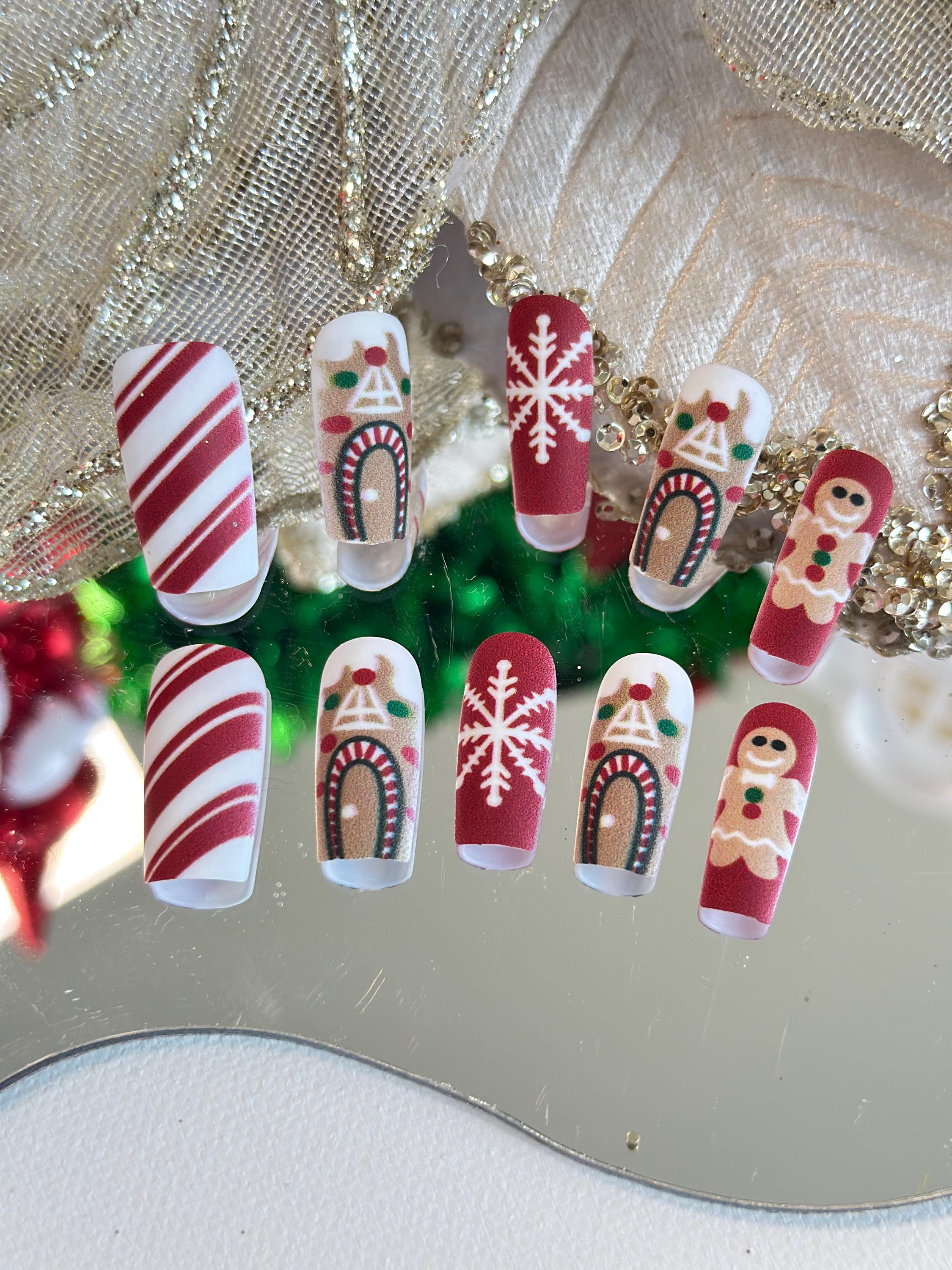Christmas Characters Acrylic Press-On Nails - Festive Snowman and Gingerbread Woman