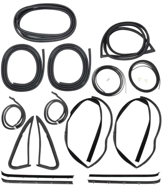 Kit de Hules y Empaques Automotrices (Weatherstrip) para Pickup 1985–1991 Chevrolet / GMC — Con Tiras de Seguro Cromadas — Cabina Regular 2 Puertas