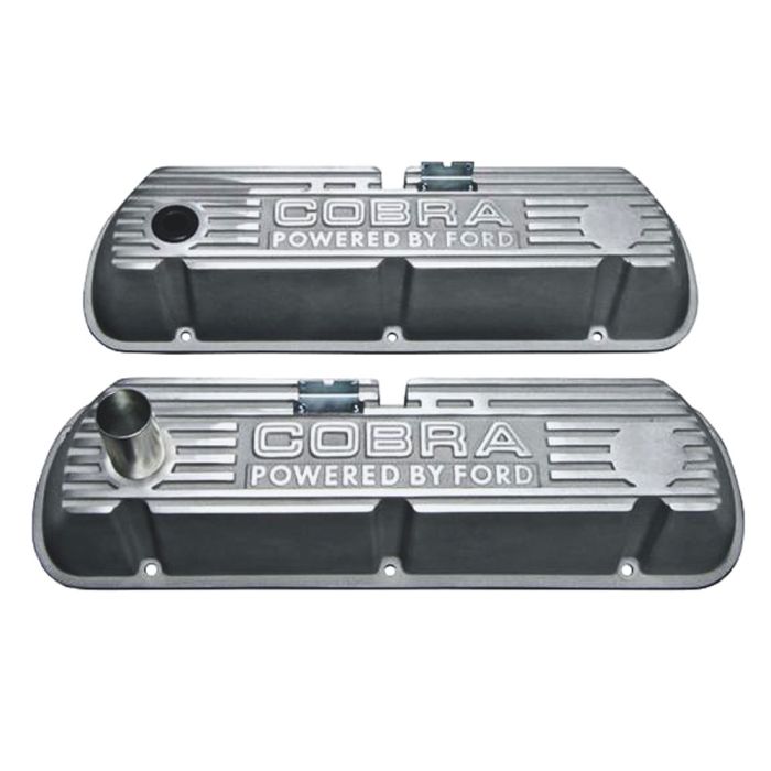 Par de Tapas de Válvulas de Aluminio Alto Tipo “Cobra Powered By Ford” con Aletas Pulidas (Motores 289 / 302 / 351W)