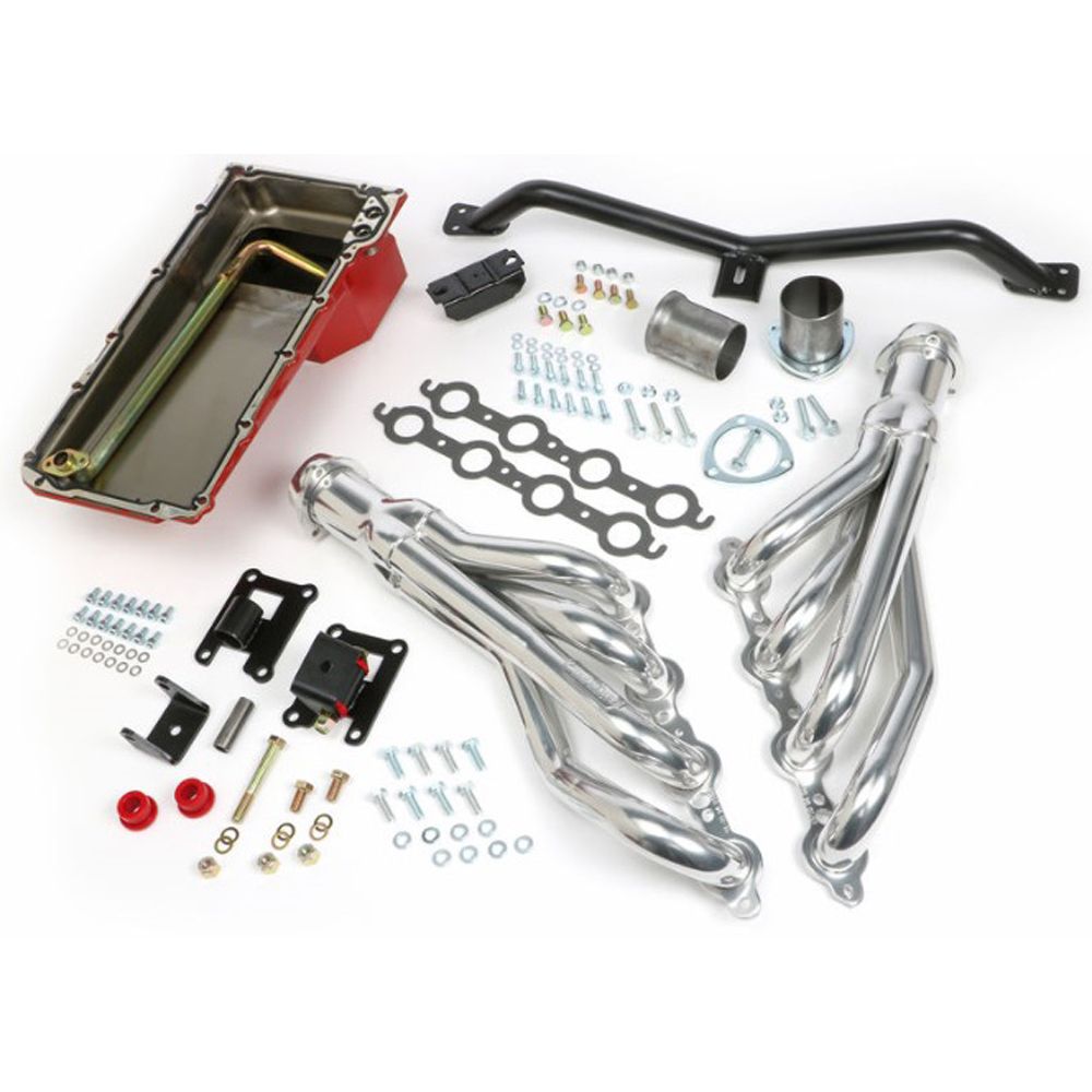 Trans-Dapt Performance LS Engine Swap In A Box (1967–1972) – Kit completo con headers HTC Silver para GMC y Chevrolet C10/C15 con transmisión de piso.