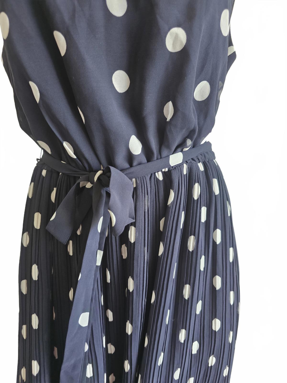 Jacquie E Navy Polka Dot Pleated Midi Dress – Size 10