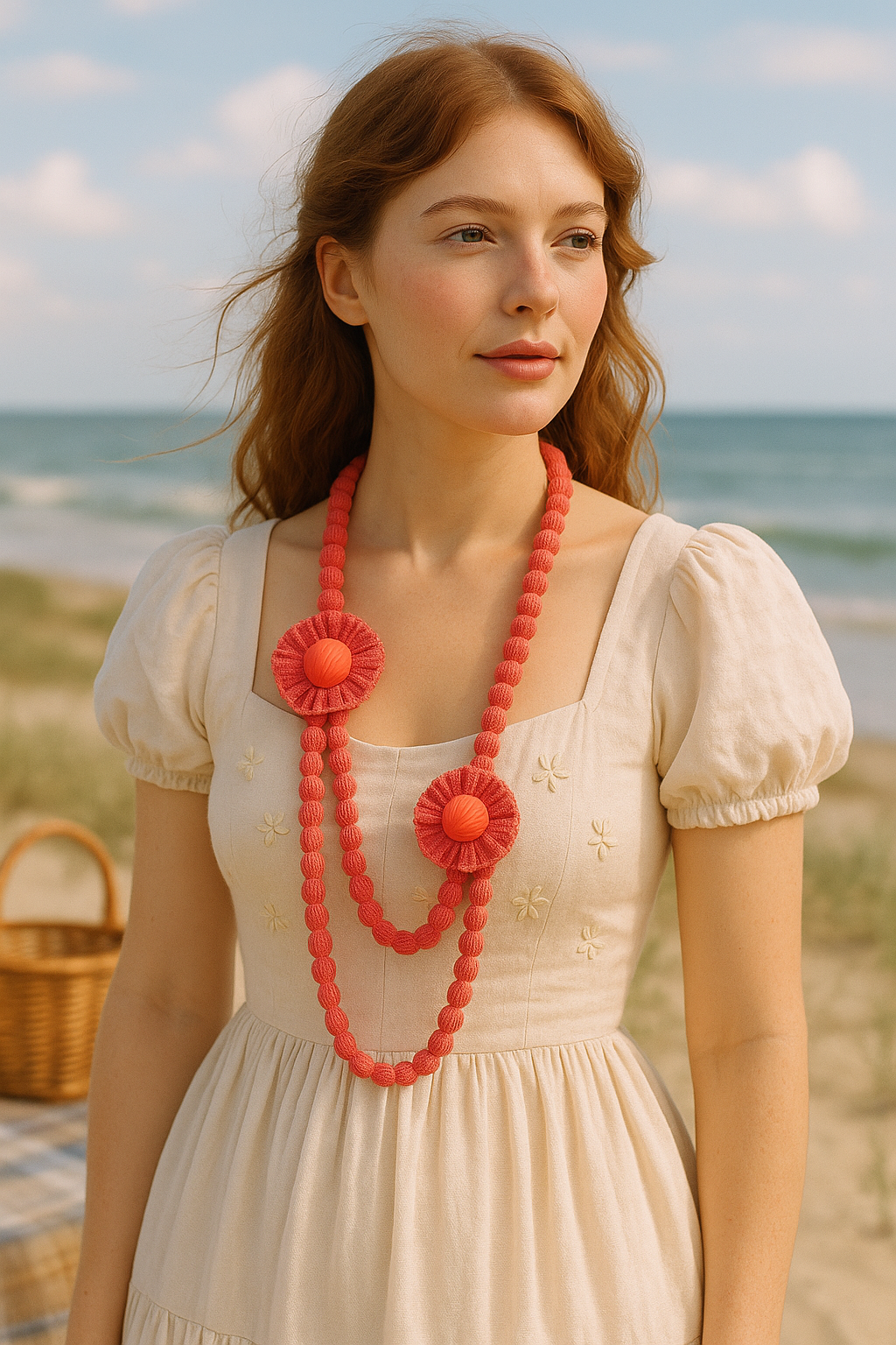 Handmade knitted coral floral necklace statement piece